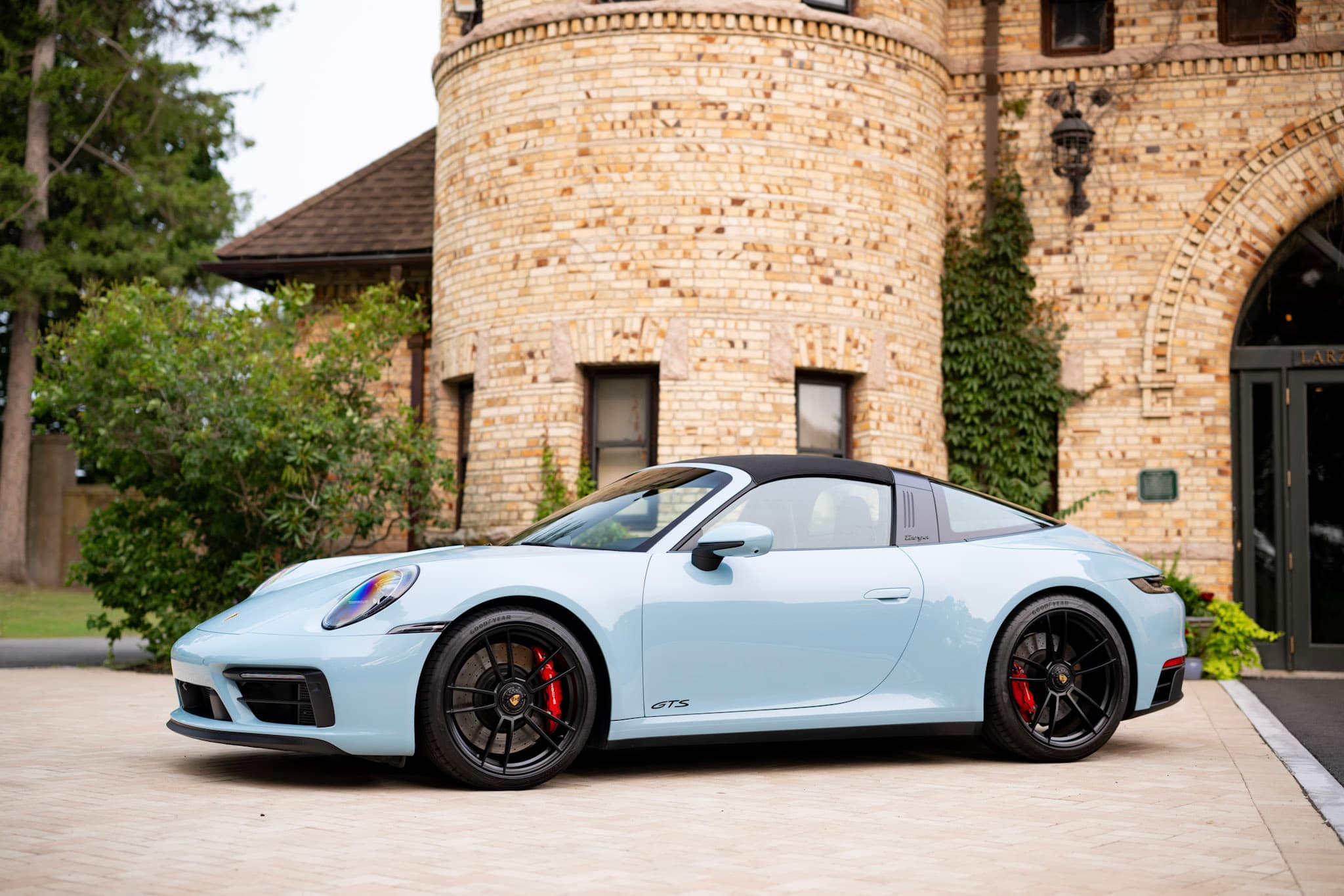2024 Porsche 911 Targa 4 GTS in Meissen Blue, front three-quarter view at Larz Anderson Auto Museum